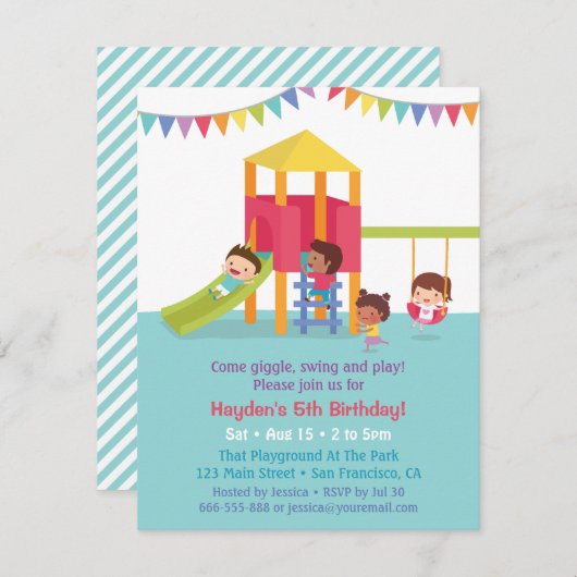 屋内遊び場数々の – 民族子供の誕生日パーティー 招待状 (正面/裏面)