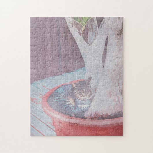 屋外で眠る猫のデジタルアート 水彩画 ジグソーパズル (縦)
