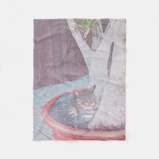 屋外で眠る猫のデジタルアート 水彩画 フリースブランケット (正面)