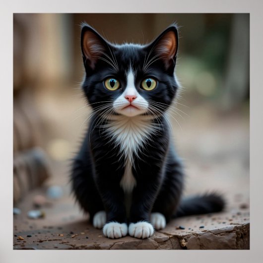 屋外に座る愛らしい黒白の子猫 ポスター (正面)