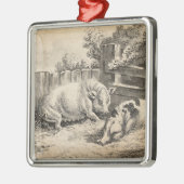 屋外のペンセラミックで藁に寝ている2匹の豚 メタルオーナメント (左)