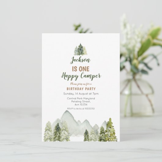 屋外の水の色のキャンパーの最初の誕生日 招待状 (スタンド正面)