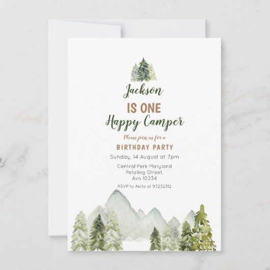 屋外の水の色のキャンパーの最初の誕生日 招待状 (正面)