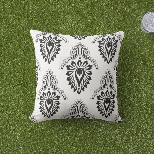 屋外アクセントピローブラック/ホワイトダマスク アウトドアクッション (芝生)