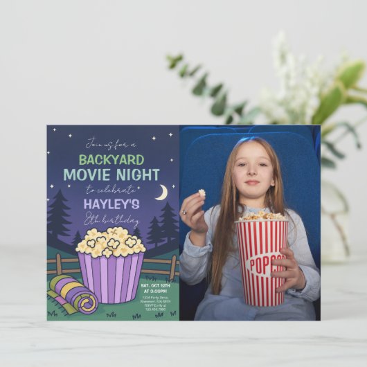 屋外バックヤードムービーナイト誕生日写真 招待状 (スタンド正面)