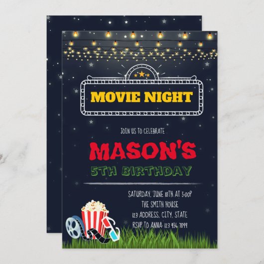 屋外映画夜誕生日のパーティの招待状 招待状 (正面/裏面)