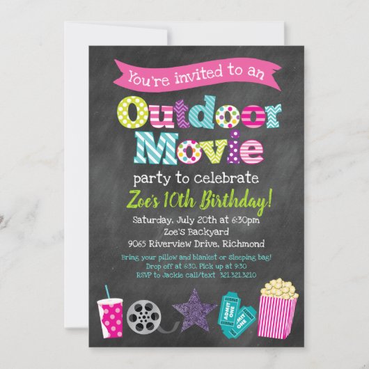 屋外映画誕生会(女の子) -黒板 招待状 (正面)
