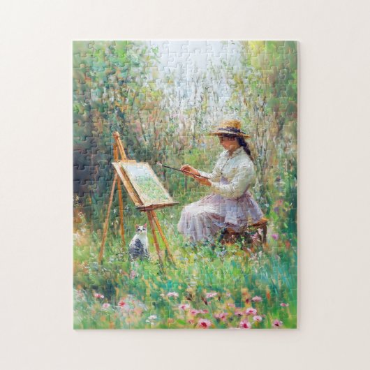 屋外横の猫の印象派の油絵 ジグソーパズル (縦)