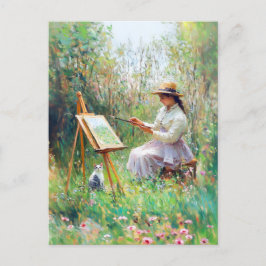 屋外横の猫の印象派の油絵 ポストカード