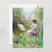 屋外横の猫の印象派の油絵 ポストカード (正面/裏面)