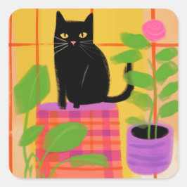 屋形植物の格子状の椅子を持つ黒猫 スクエアシール