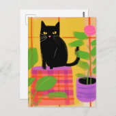 屋形植物の格子状の椅子を持つ黒猫 ポストカード (正面/裏面)