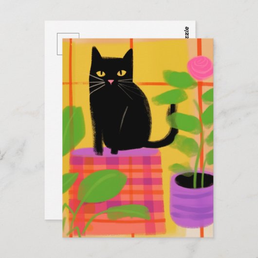 屋形植物の格子状の椅子を持つ黒猫 ポストカード (正面/裏面)
