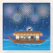 屋形船で花火をする猫たち ガラスコースター (正面)