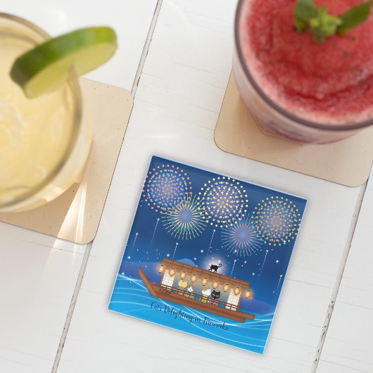 屋形船で花火をする猫たち ガラスコースター