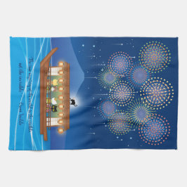 屋形船で花火をする猫たち キッチンタオル