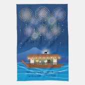 屋形船で花火をする猫たち キッチンタオル (縦)