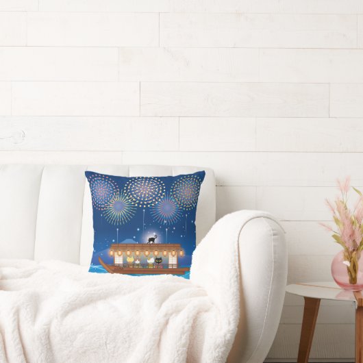 屋形船で花火をする猫たち クッション (ソファ)