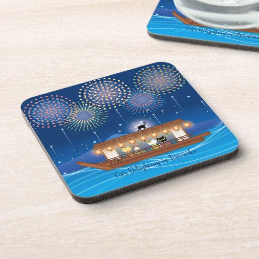 屋形船で花火をする猫たち コースター (左側)