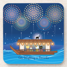 屋形船で花火をする猫たち コースター