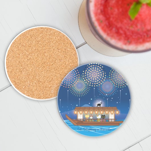 屋形船で花火をする猫たち コースター