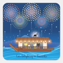 屋形船で花火をする猫たち スクエアシール