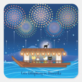 屋形船で花火をする猫たち スクエアシール (正面)