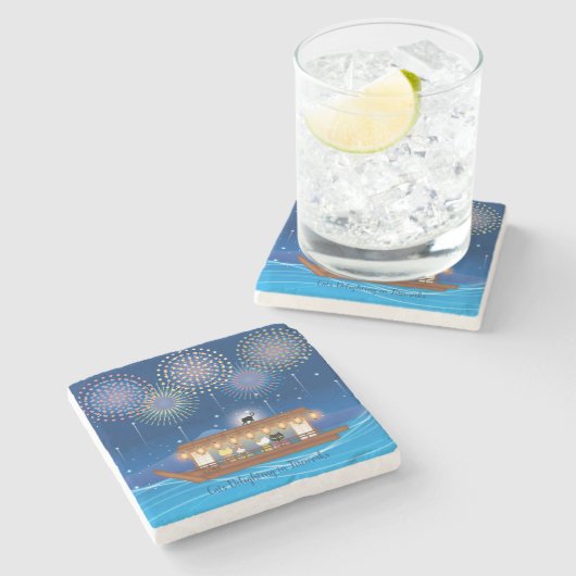 屋形船で花火をする猫たち ストーンコースター (横)