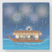 屋形船で花火をする猫たち ストーンコースター (正面)