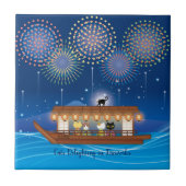 屋形船で花火をする猫たち タイル (正面)