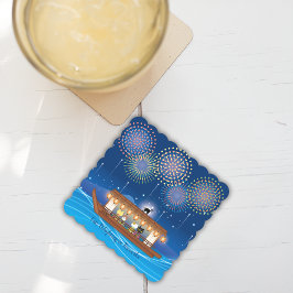 屋形船で花火をする猫たち ペーパーコースター