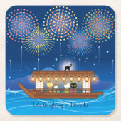 屋形船で花火をする猫たち ペーパーコースター (正面)