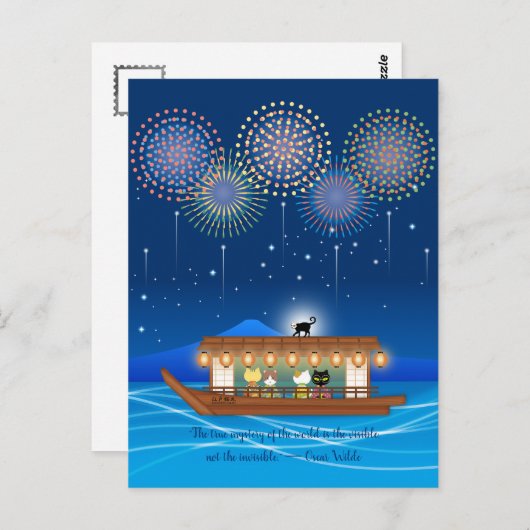 屋形船で花火をする猫たち ポストカード (正面/裏面)