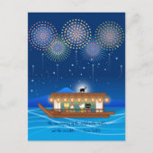 屋形船で花火をする猫たち ポストカード (正面)