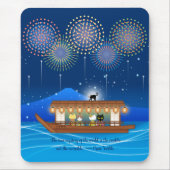 屋形船で花火をする猫たち マウスパッド (正面)