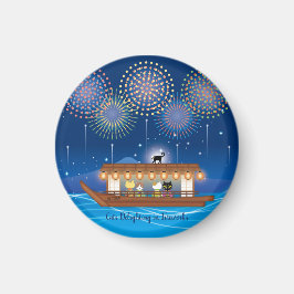 屋形船で花火をする猫たち マグネット