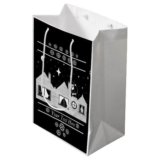 屋根の上にサックが黒と白のかわいいサンタ ミディアムペーパーバッグ (正面アングル)