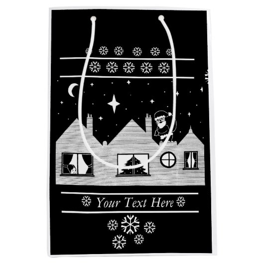 屋根の上にサックが黒と白のかわいいサンタ ミディアムペーパーバッグ (正面)