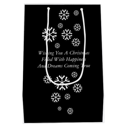 屋根の上にサックが黒と白のかわいいサンタ ミディアムペーパーバッグ (裏面)