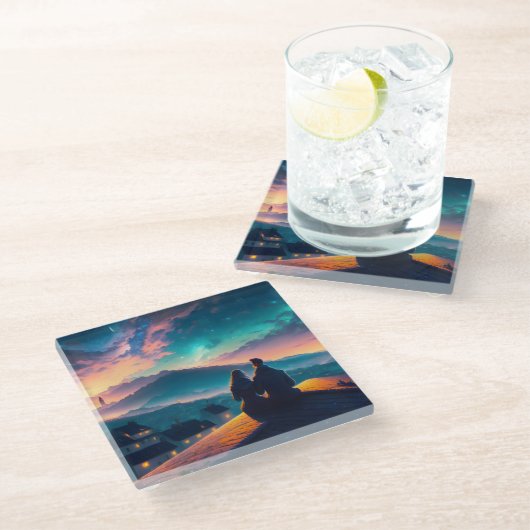 屋根の上に座っているカップル ガラスコースター (アングル)