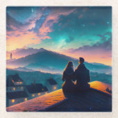 屋根の上に座っているカップル ガラスコースター (正面)