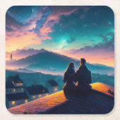 屋根の上に座っているカップル スクエアペーパーコースター (正面)