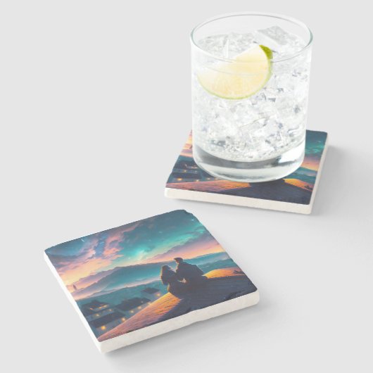 屋根の上に座っているカップル ストーンコースター (横)