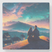 屋根の上に座っているカップル ストーンコースター (正面)