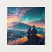 屋根の上に座っているカップル タペストリー (正面)