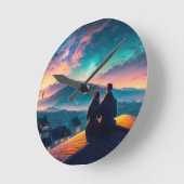 屋根の上に座っているカップル ラウンド壁時計 (傾斜)