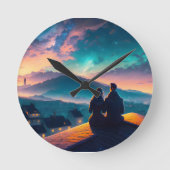 屋根の上に座っているカップル ラウンド壁時計 (正面)