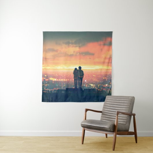 屋根の上に立ってcを見る若い夫婦 タペストリー (インサイチュ)