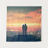 屋根の上に立ってcを見る若い夫婦 タペストリー (正面)