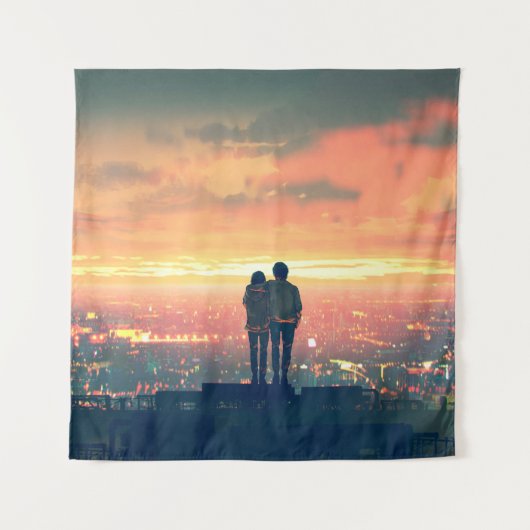屋根の上に立ってcを見る若い夫婦 タペストリー (正面)
